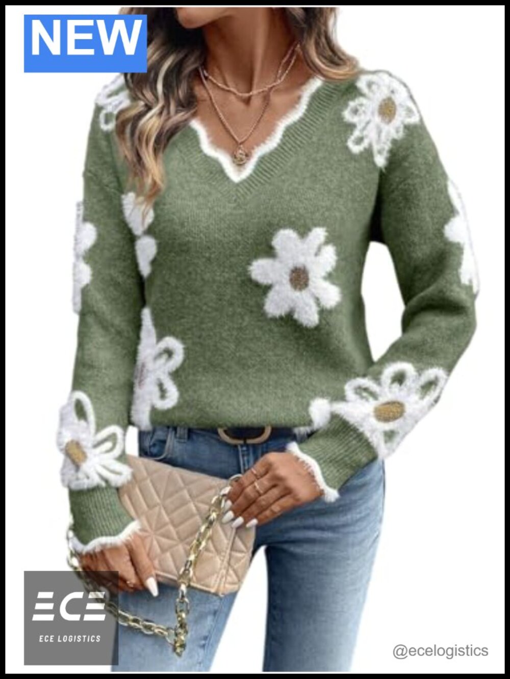 Floral Knitted Pullover Sweater V-Neck Long Sleeve